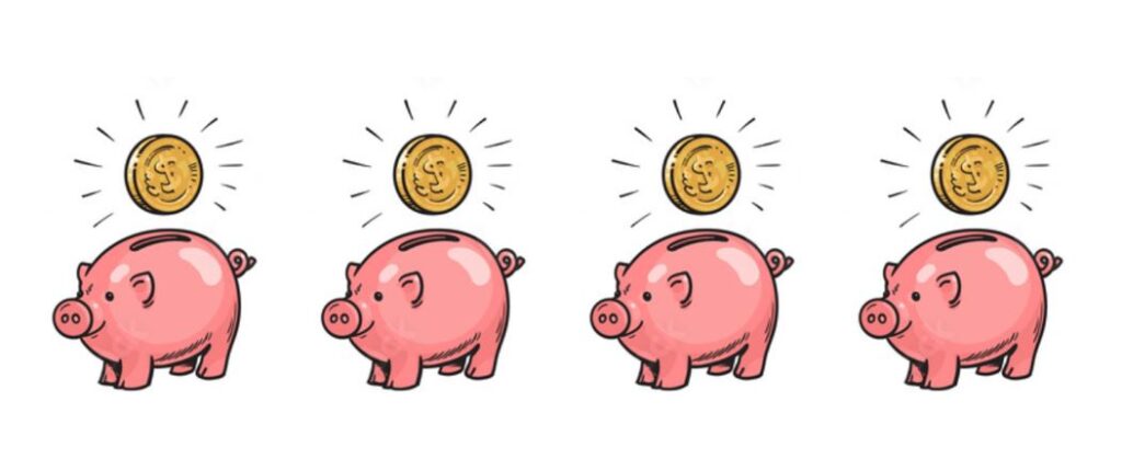 Piggy banks and coins going into savings